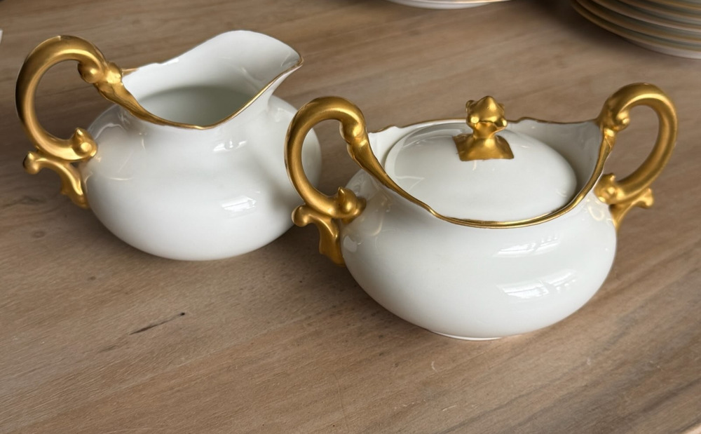 Antique T&V Limoges France Creamer & Covered Sugar Bowl Set Gold Gilt Handles